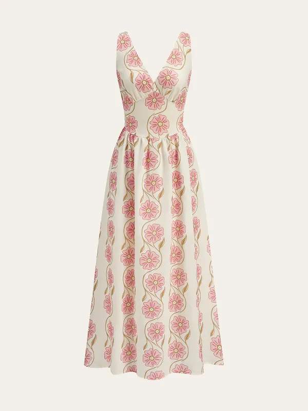 Floral Print V-Neck Backless Maxi Dress sold by COMMENSE