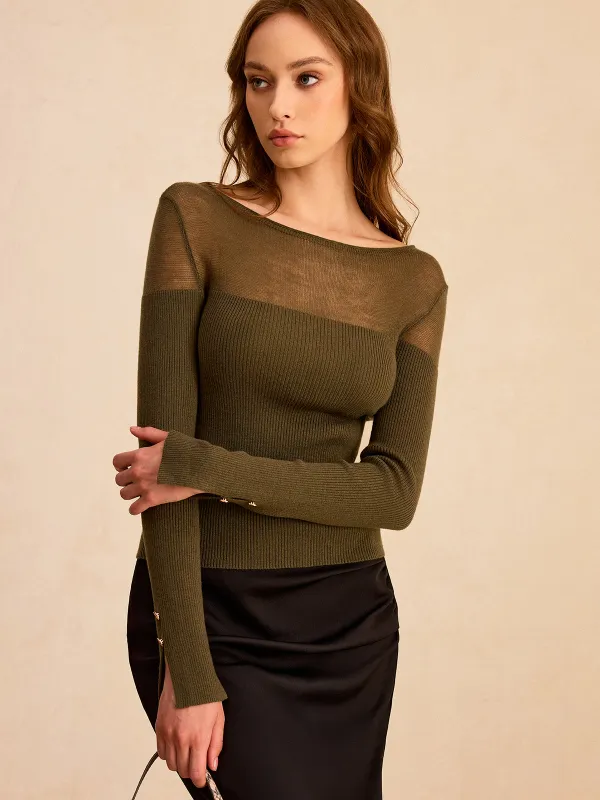 Sheer-Paneled Boat Neck Knit Top sold by COMMENSE