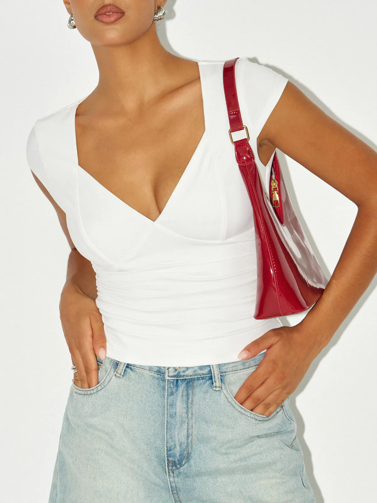 Ruched V-Neck Cap Sleeve T-Shirt sold by COMMENSE product image thumbnail 2