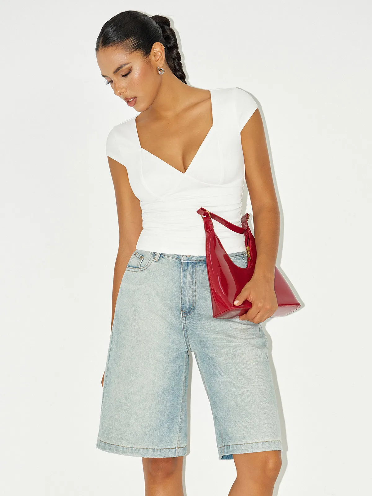 Ruched V-Neck Cap Sleeve T-Shirt sold by COMMENSE product image thumbnail 3