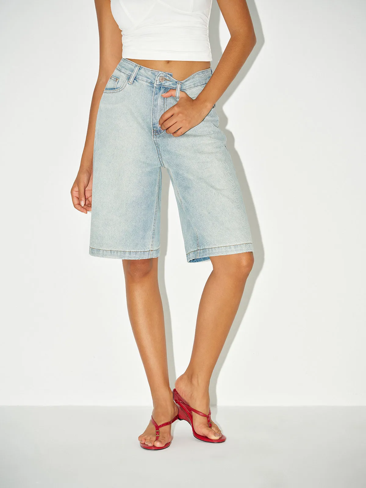 Mid-Waist Denim Bermuda Shorts sold by COMMENSE