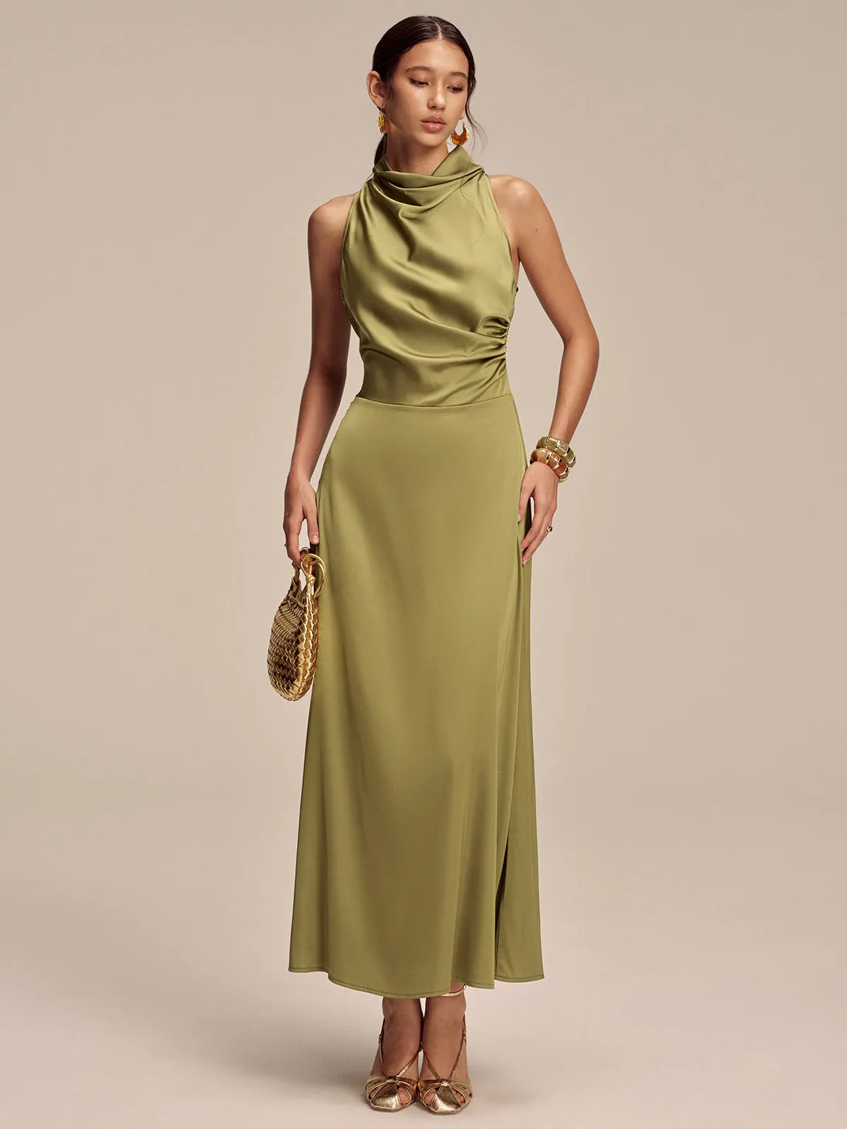 Satin Mock Neck Sleeveless Maxi Dress sold by COMMENSE product image thumbnail 2