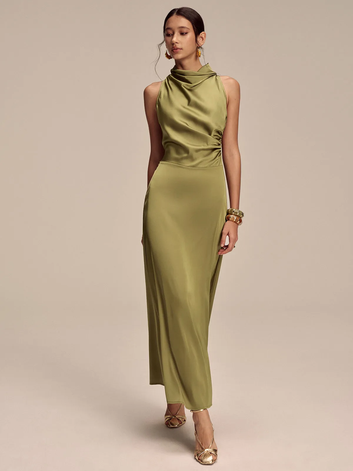 Satin Mock Neck Sleeveless Maxi Dress sold by COMMENSE
