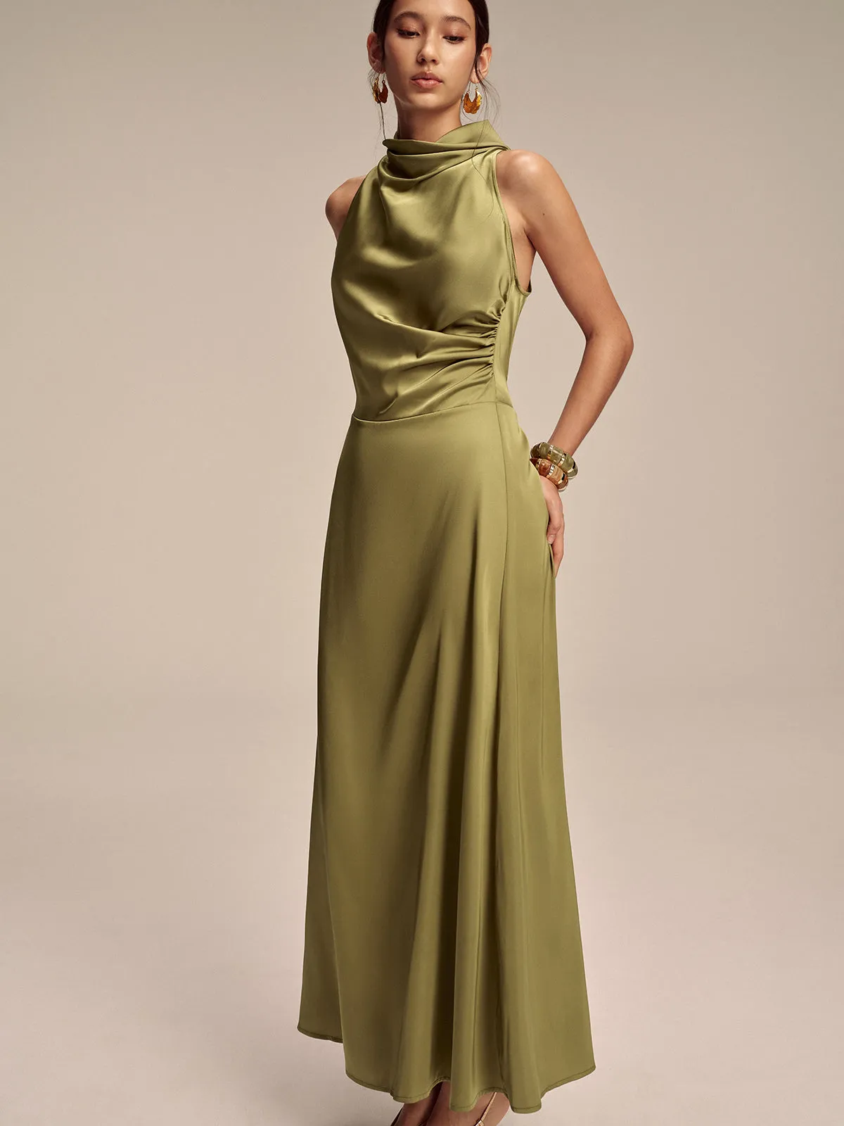 Satin Mock Neck Sleeveless Maxi Dress sold by COMMENSE product image thumbnail 3