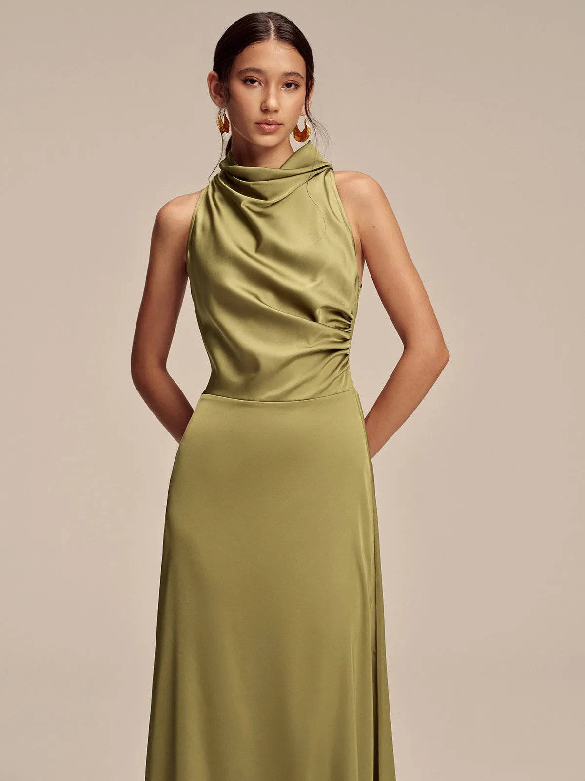 Satin Mock Neck Sleeveless Maxi Dress sold by COMMENSE product image thumbnail 4