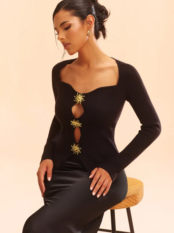 Metal Detail Cut-Out Knit Top sold by COMMENSE