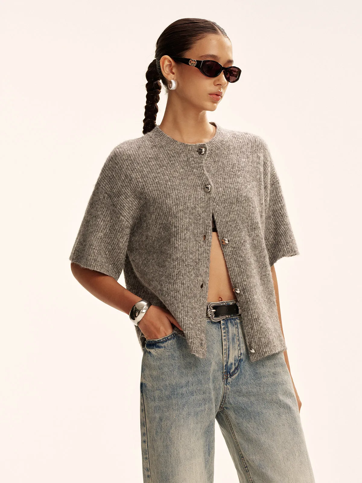 Wool-Blend Short-Sleeved Cardigan sold by COMMENSE product image thumbnail 2