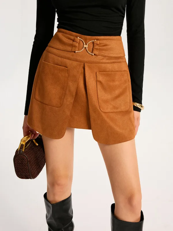 Metal Buckle Slit Suede Mini Skirt sold by COMMENSE