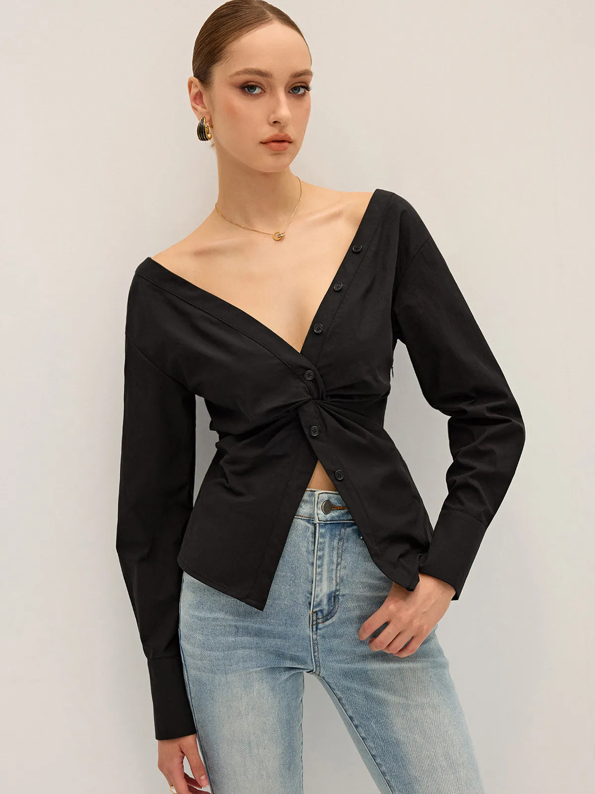 Twisted Front Deep V-Neck Shirt sold by COMMENSE product image thumbnail 2