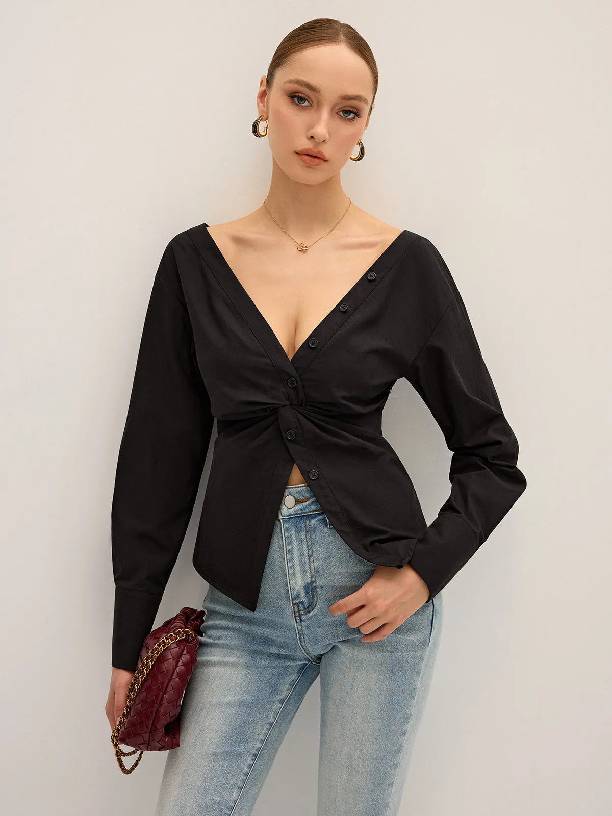 Twisted Front Deep V-Neck Shirt sold by COMMENSE product image thumbnail 4