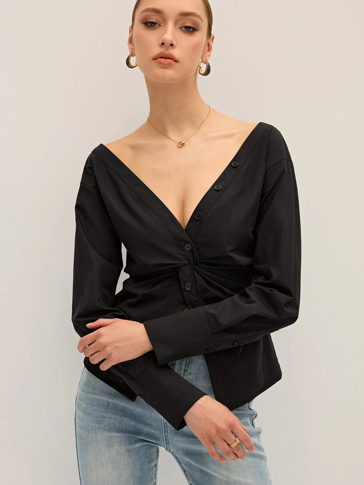 Twisted Front Deep V-Neck Shirt sold by COMMENSE product image thumbnail 5