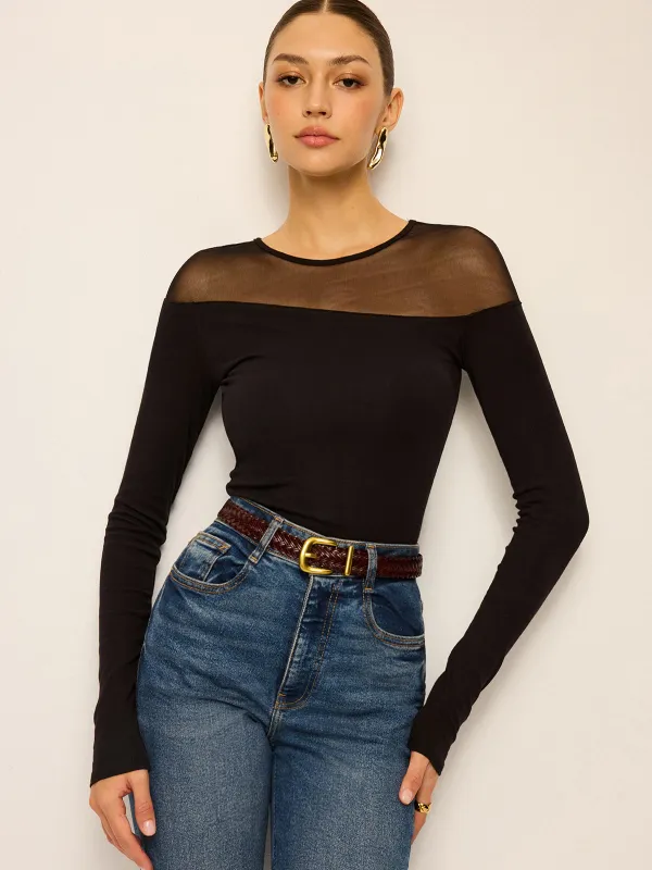 Sheer-Paneled Long-Sleeve Top sold by COMMENSE