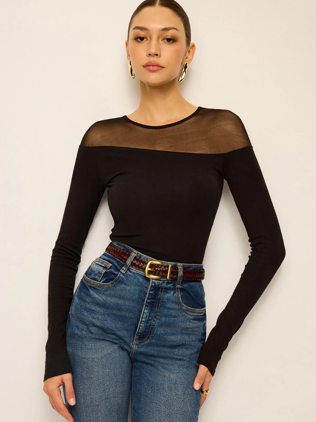 Sheer-Paneled Long-Sleeve Top sold by COMMENSE