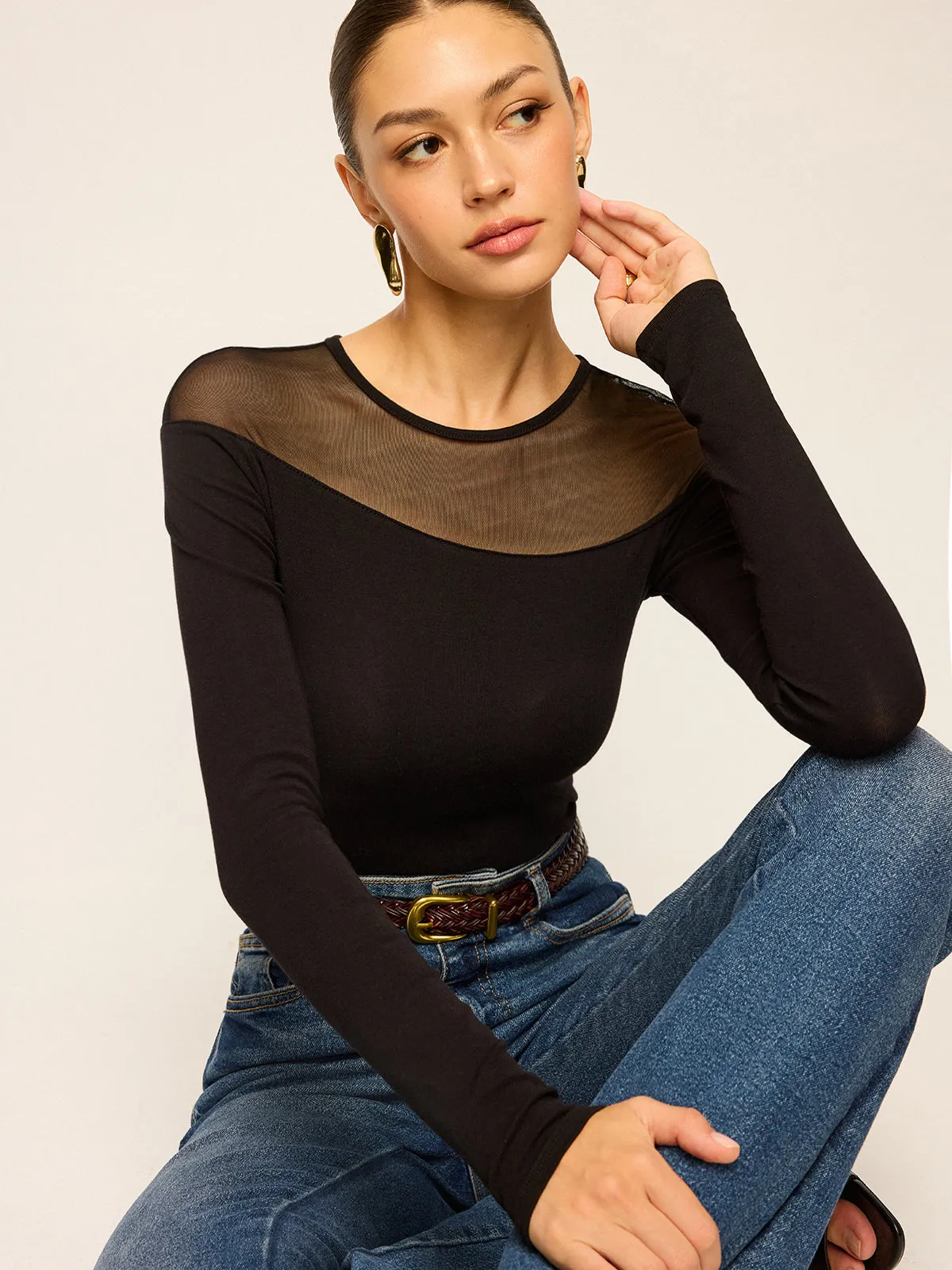 Sheer-Paneled Long-Sleeve Top sold by COMMENSE product image thumbnail 3