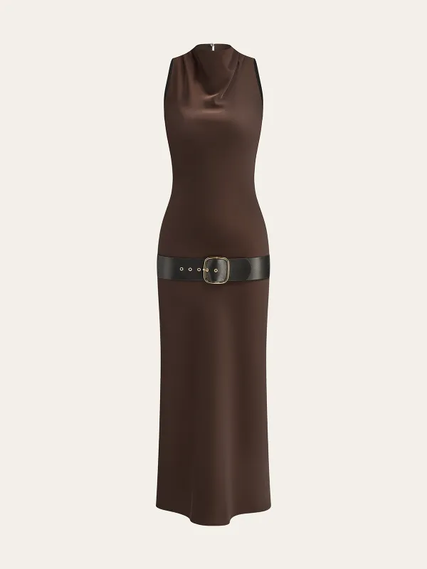 Satin Cowl Neck Midi Dress with Belt sold by COMMENSE