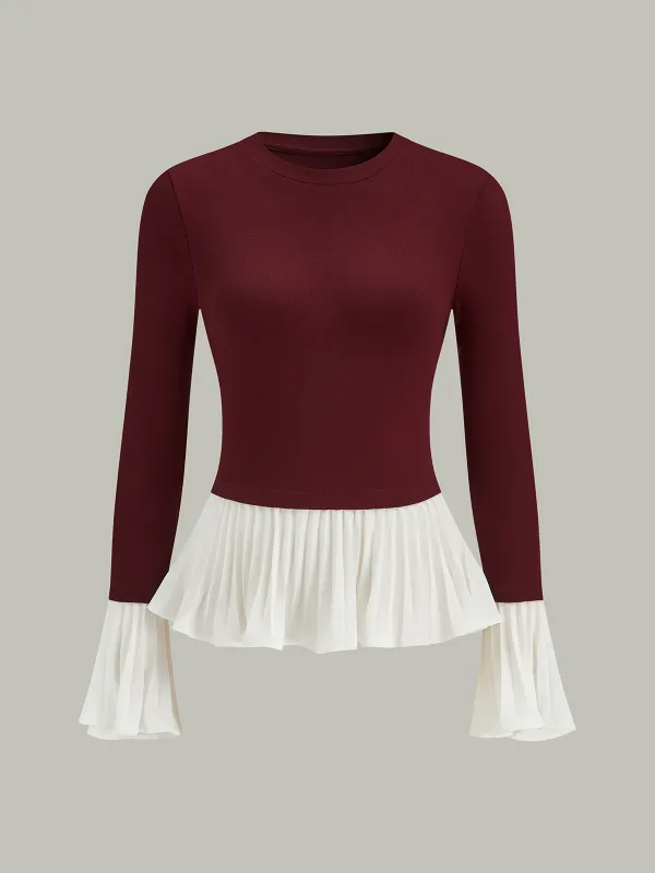 Contrast-Paneled Pleated Peplum T-Shirt sold by COMMENSE