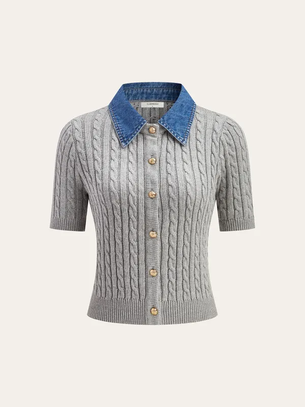 Metal Button Denim Collar Cable-Knit Top sold by COMMENSE