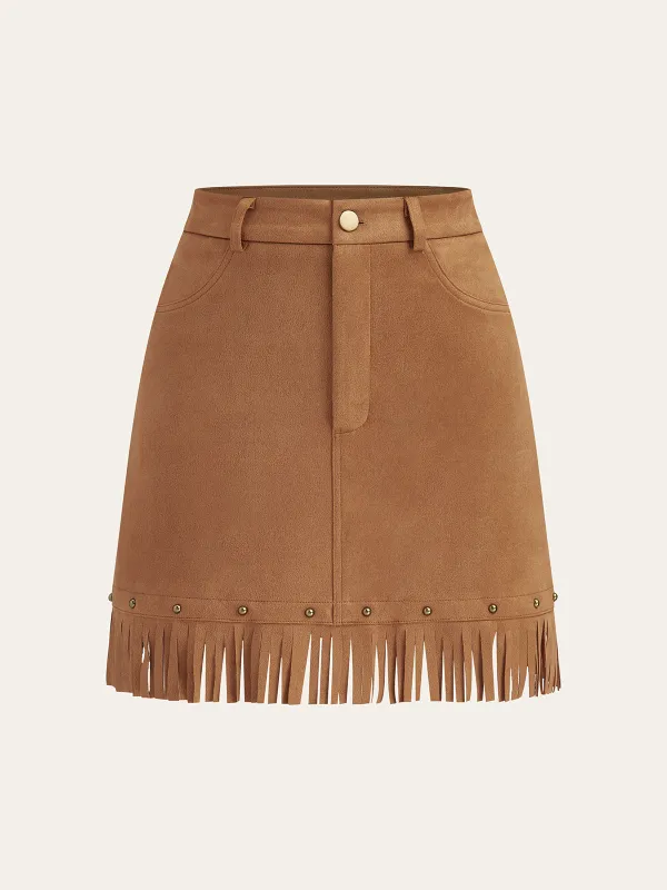 Suede Effect Fringe Mini Skirt sold by COMMENSE