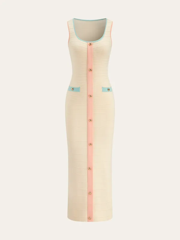 Color-Block Knit Midi Dress with Decor Button sold by COMMENSE