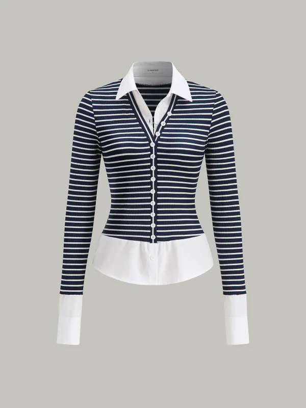 2 in 1 Striped Ribbed Paneled Long-Sleeve Blouse sold by COMMENSE