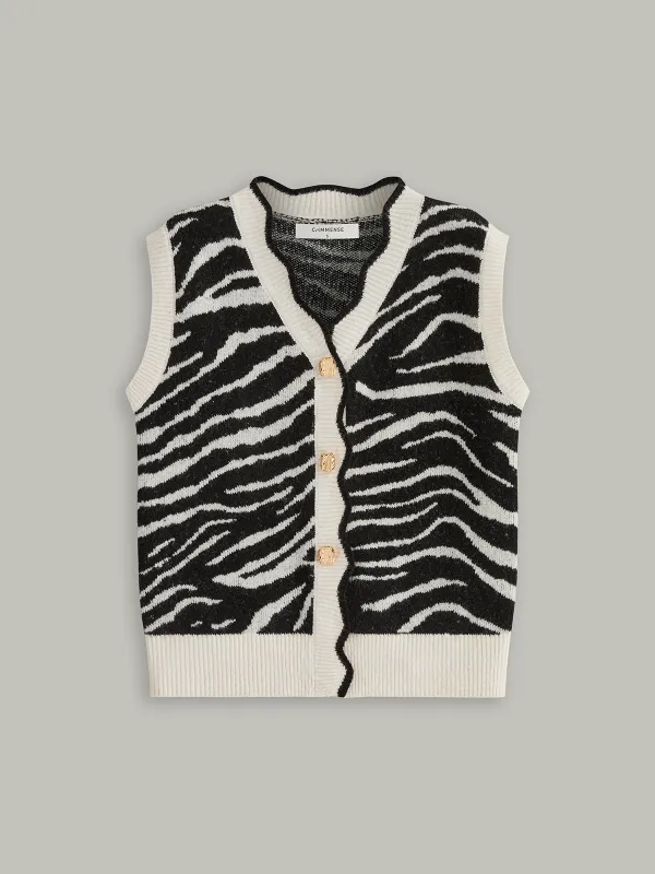 Metal Button Zebra-Striped Knit Vest sold by COMMENSE