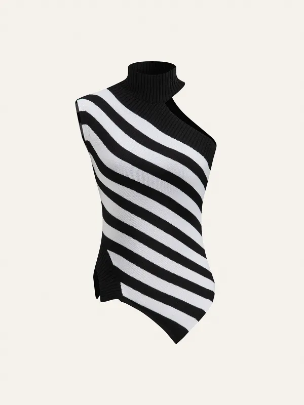 Striped Asymmetric Mock Neck Sweater Vest sold by COMMENSE