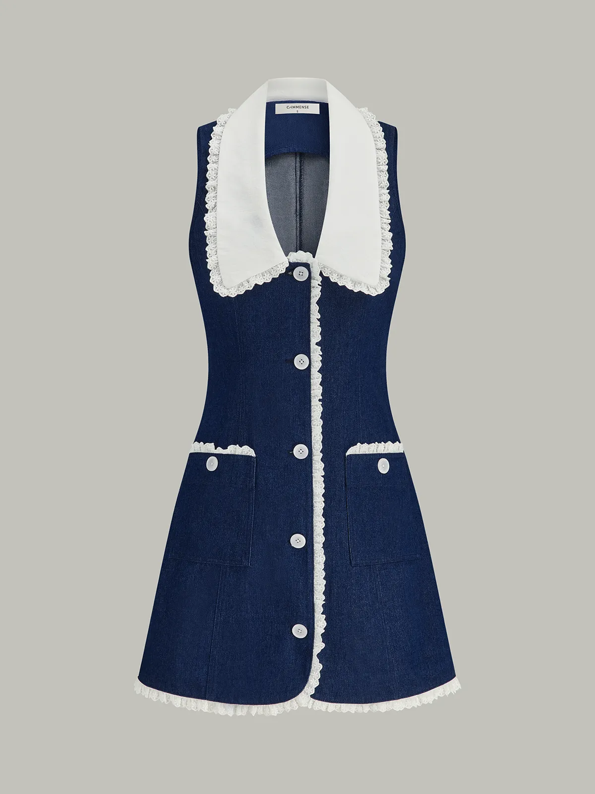 Denim Lace Trim Lapel Mini Dress sold by COMMENSE product image thumbnail 2