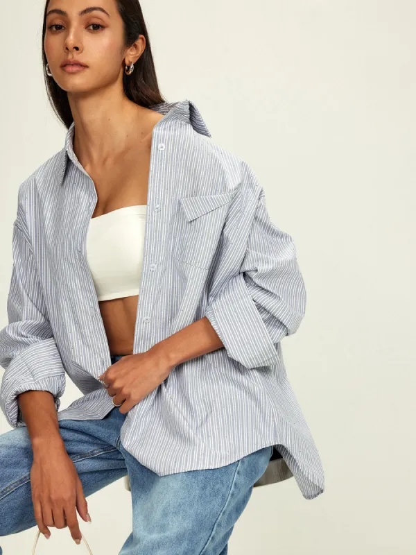 Rhinestone Dot Pinstripe Pocket Shirt sold by COMMENSE