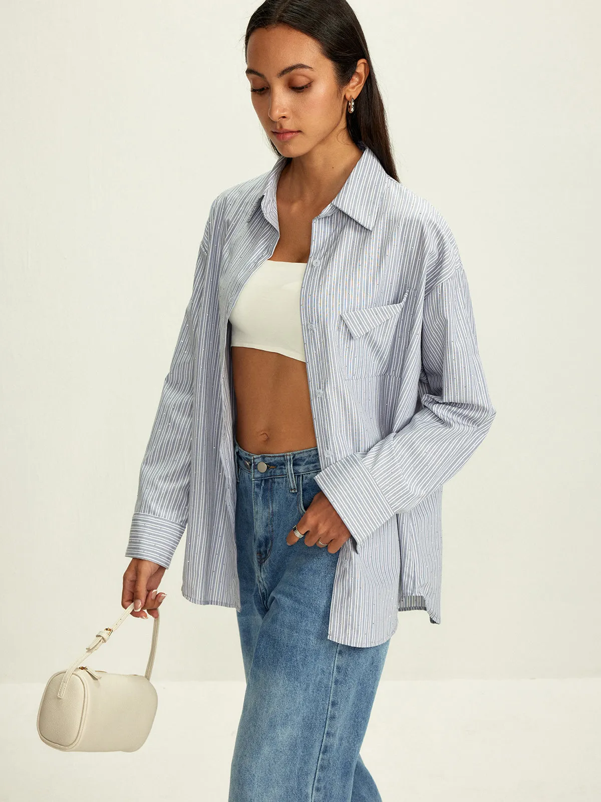 Rhinestone Dot Pinstripe Pocket Shirt sold by COMMENSE product image thumbnail 5