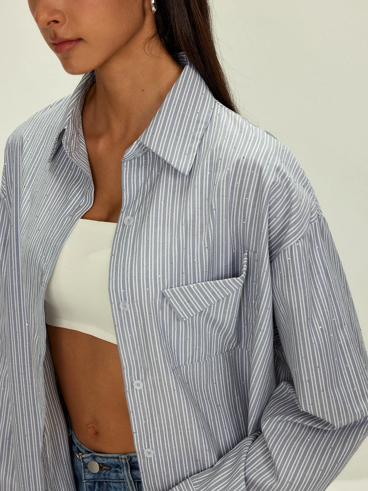Rhinestone Dot Pinstripe Pocket Shirt sold by COMMENSE product image thumbnail 2