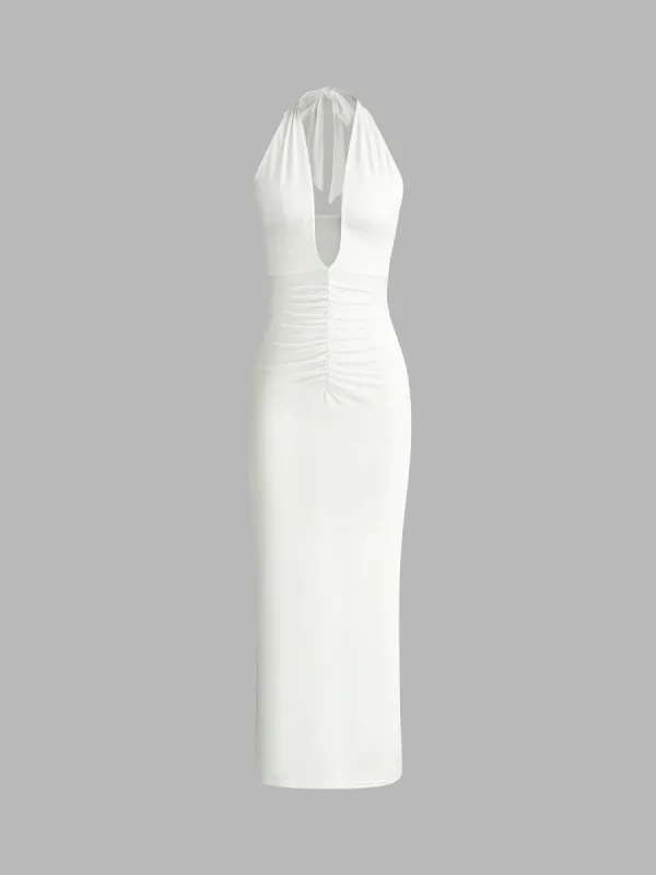 Solid Backless Halter Cutout Dress sold by COMMENSE