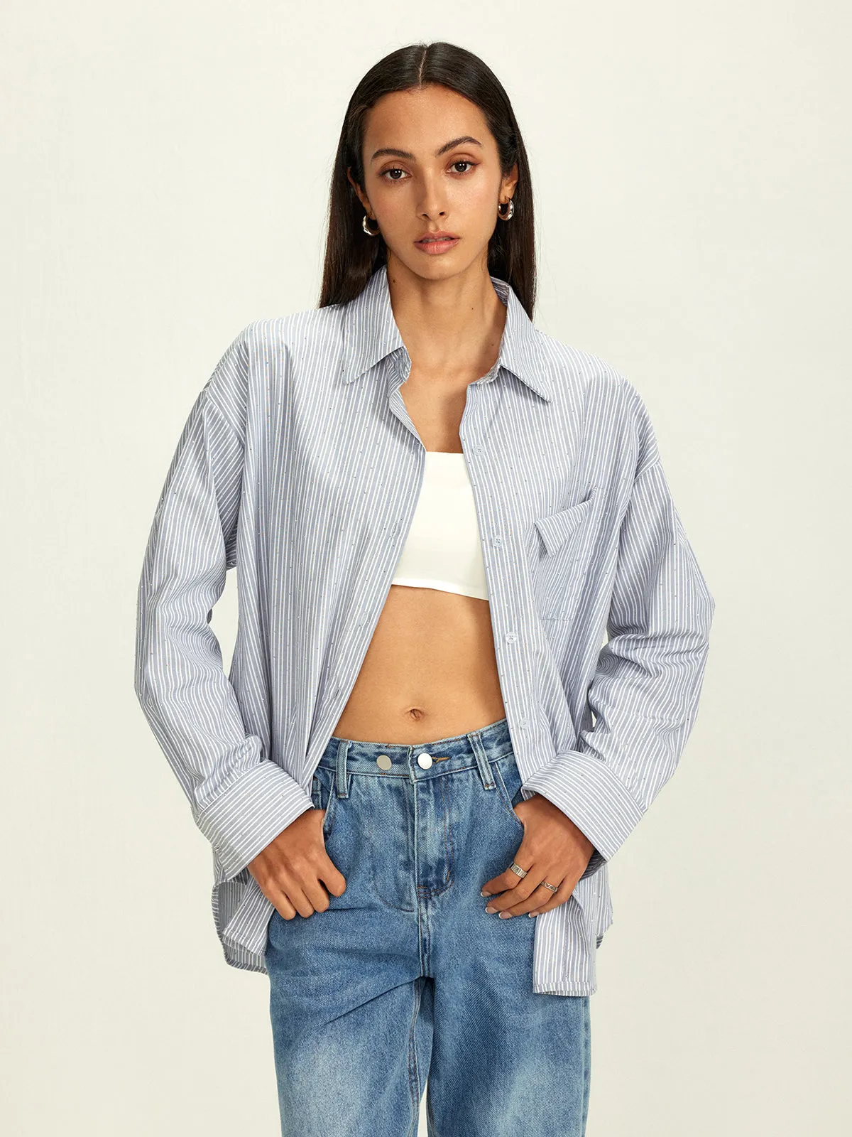 Rhinestone Dot Pinstripe Pocket Shirt sold by COMMENSE product image thumbnail 3