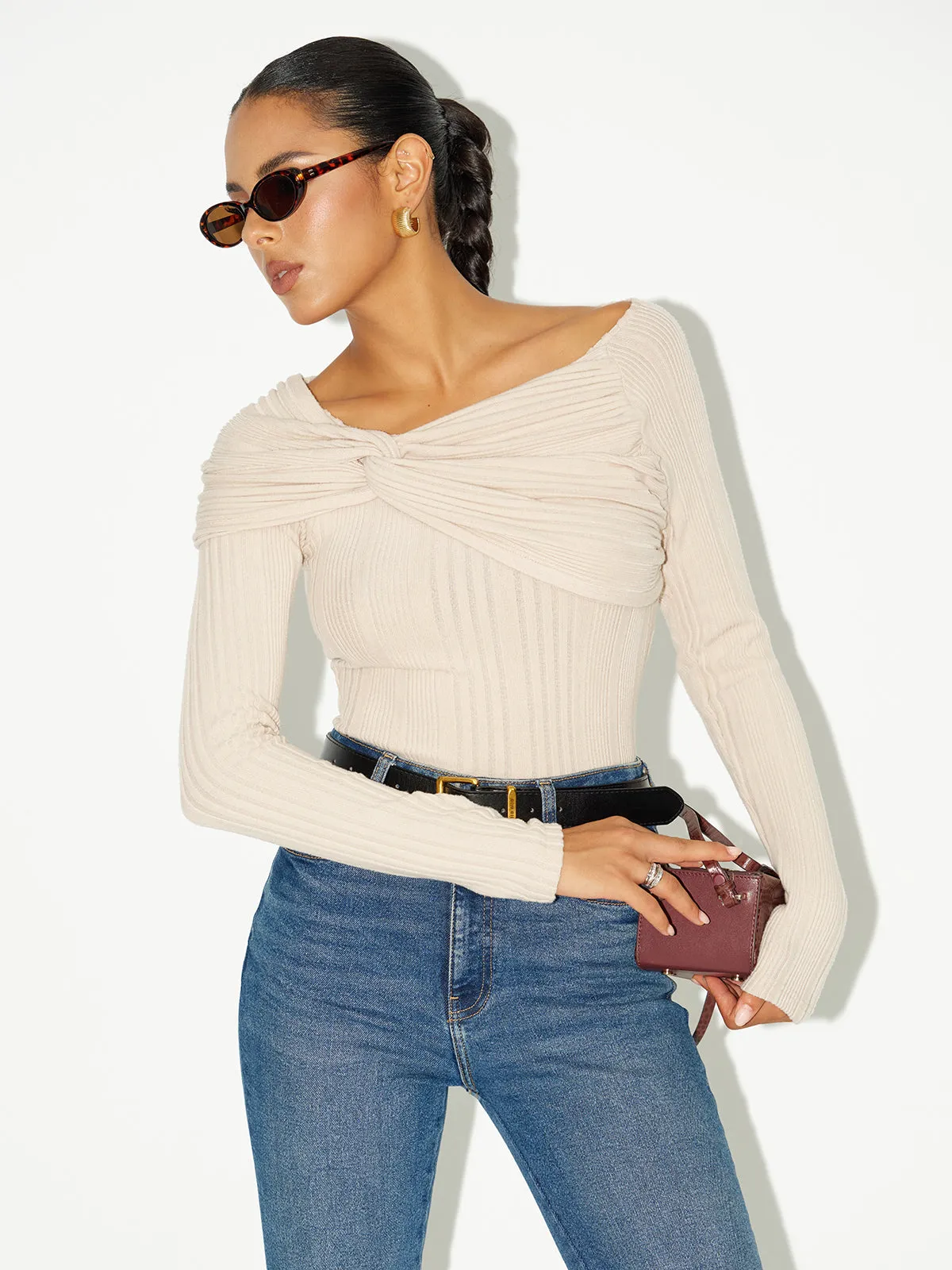 Asymmetric Twist-Front Ribbed Knit Top sold by COMMENSE