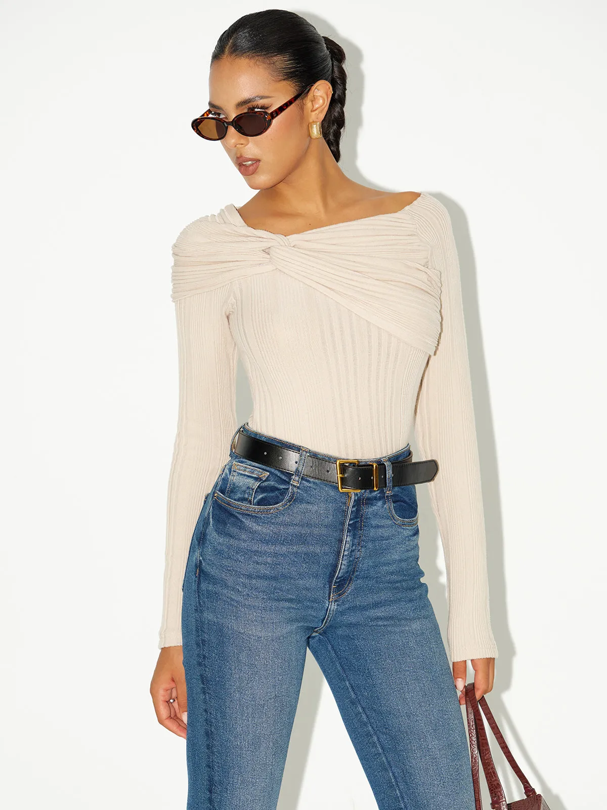 Asymmetric Twist-Front Ribbed Knit Top sold by COMMENSE product image thumbnail 4