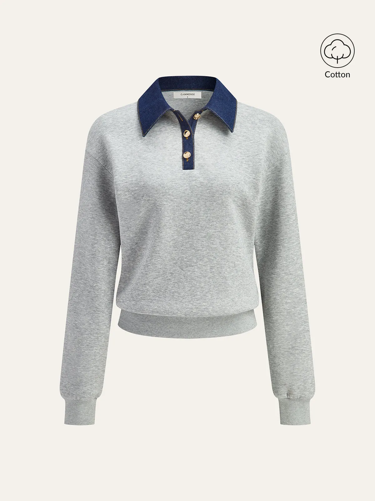 Denim Collar Metal Button Polo Sweatshirt sold by COMMENSE