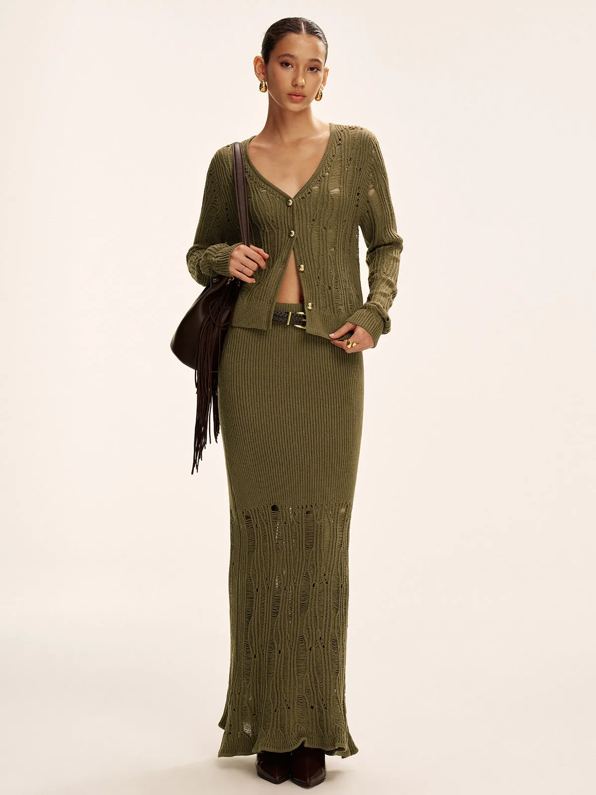 Metal Button Openwork Knit Skirt Set sold by COMMENSE