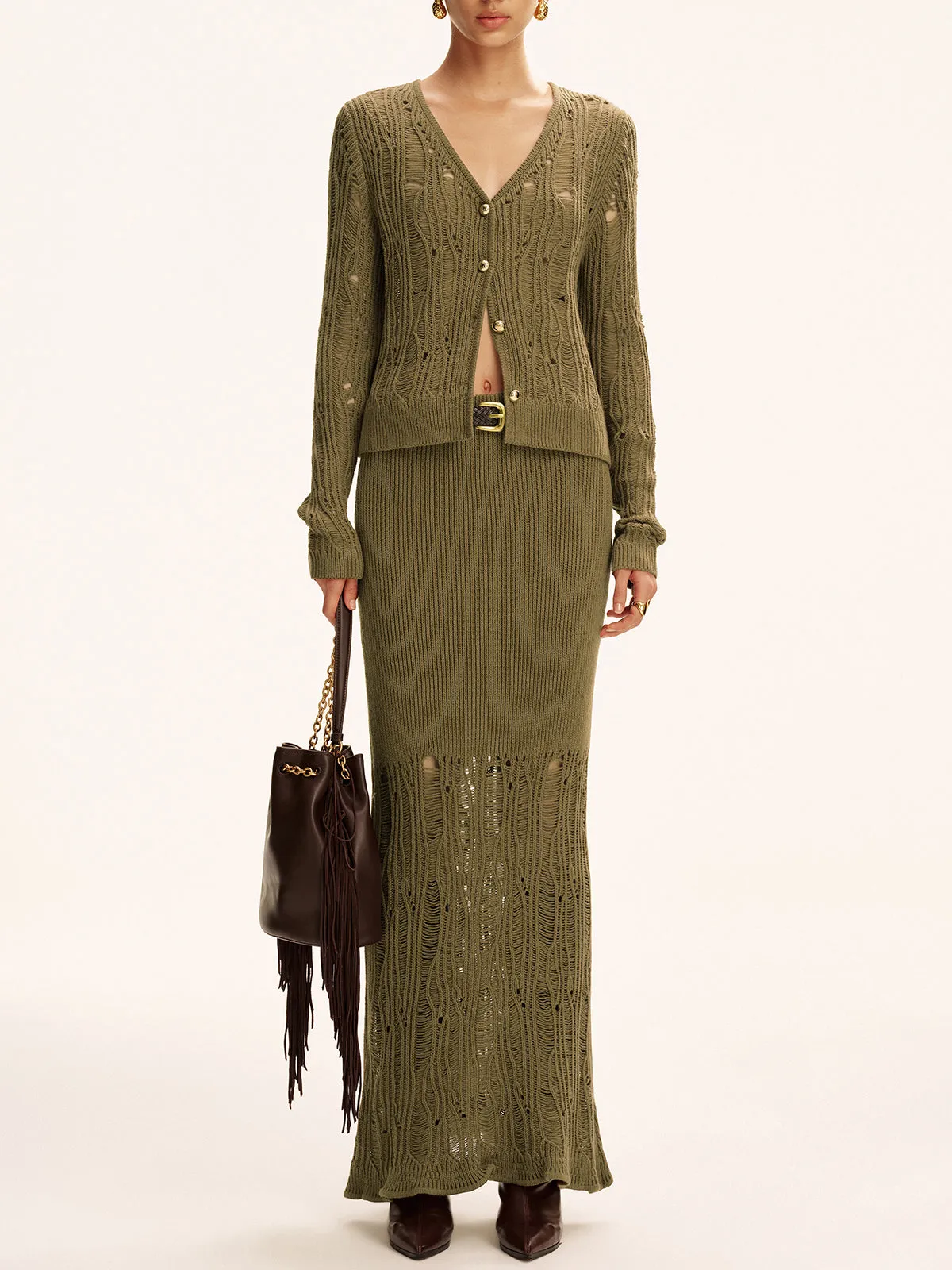 Metal Button Openwork Knit Skirt Set sold by COMMENSE product image thumbnail 2