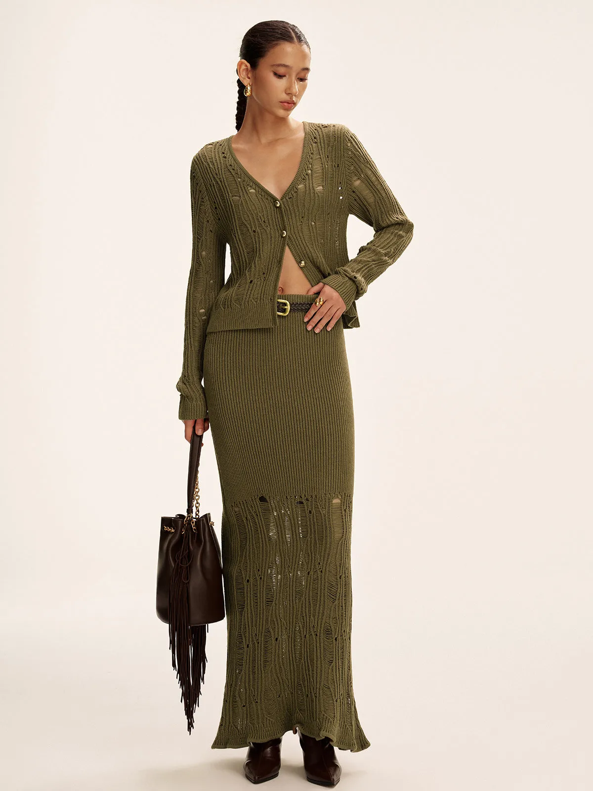 Metal Button Openwork Knit Skirt Set sold by COMMENSE product image thumbnail 3