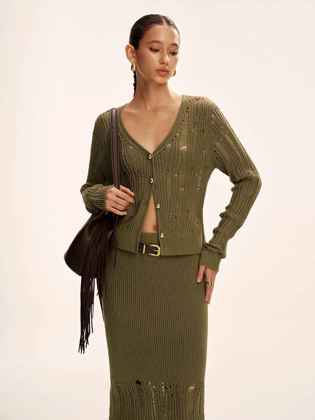 Metal Button Openwork Knit Skirt Set sold by COMMENSE product image thumbnail 4