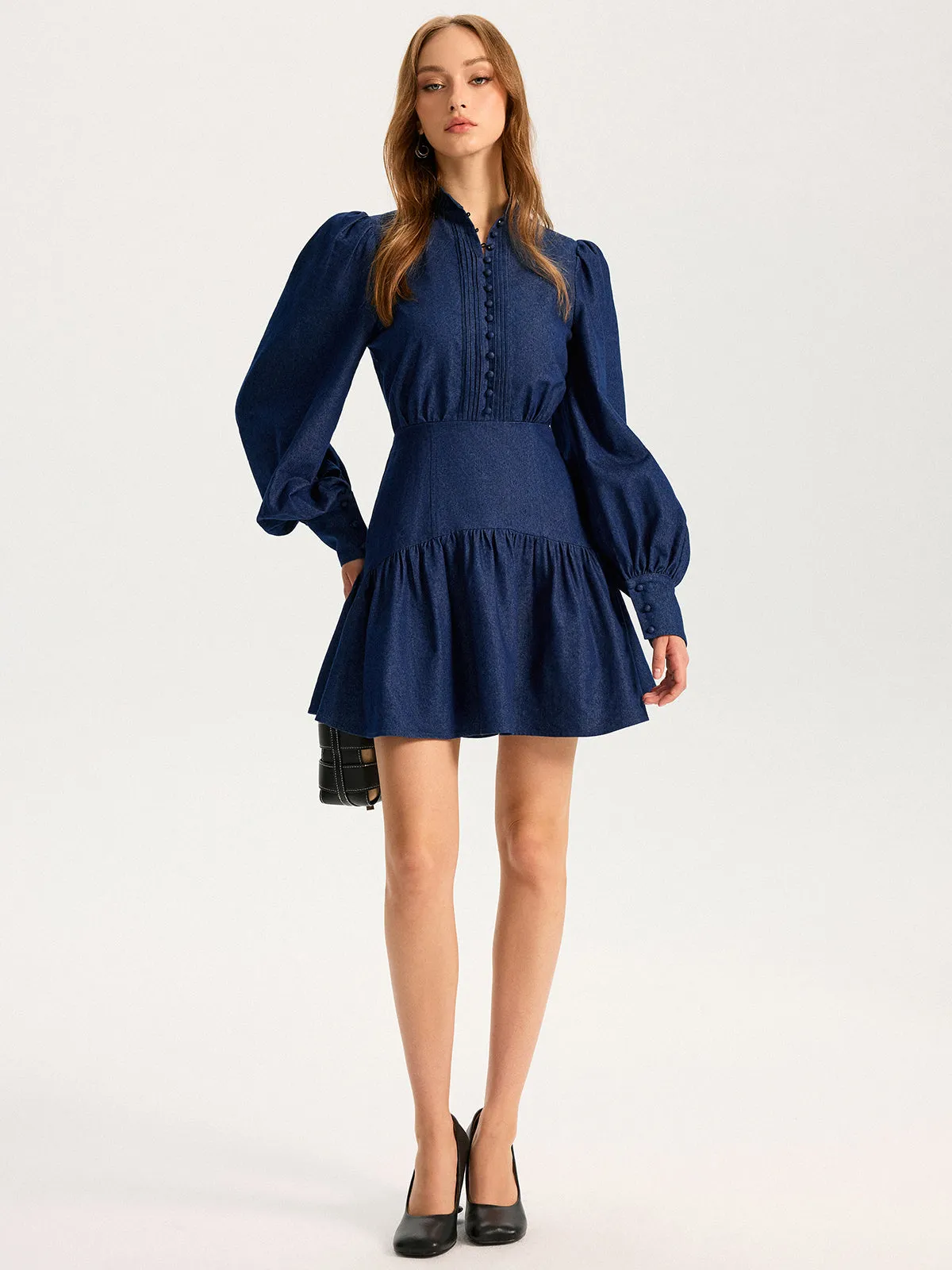 Denim Stand Collar Puff Sleeve Mini Dress sold by COMMENSE product image thumbnail 3