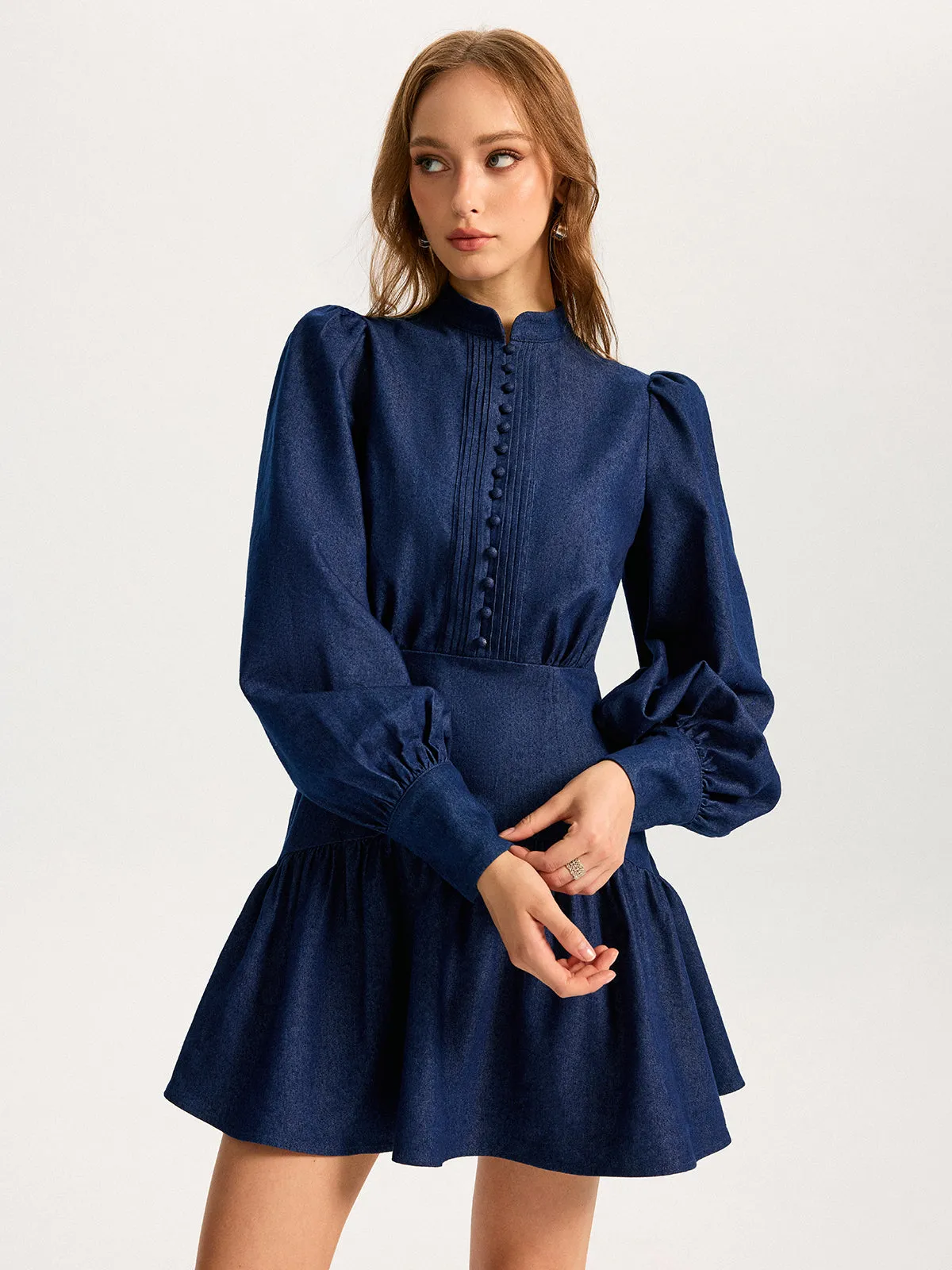 Denim Stand Collar Puff Sleeve Mini Dress sold by COMMENSE product image thumbnail 5