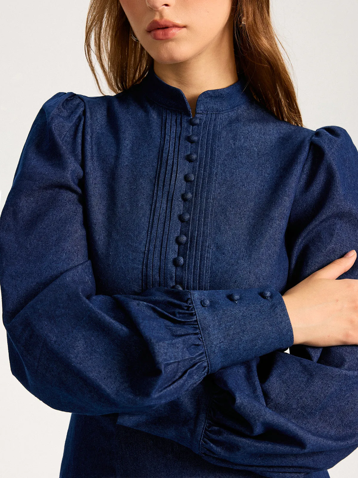 Denim Stand Collar Puff Sleeve Mini Dress sold by COMMENSE product image thumbnail 2