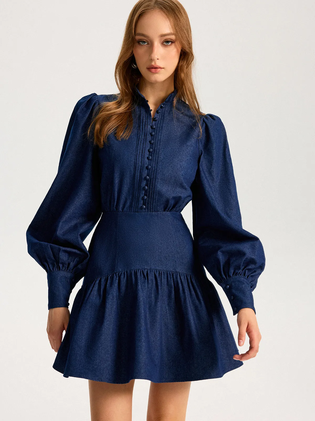Denim Stand Collar Puff Sleeve Mini Dress sold by COMMENSE product image thumbnail 4