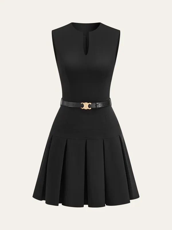 Keyhole Neckline Pleated Mini Dress with Belt sold by COMMENSE