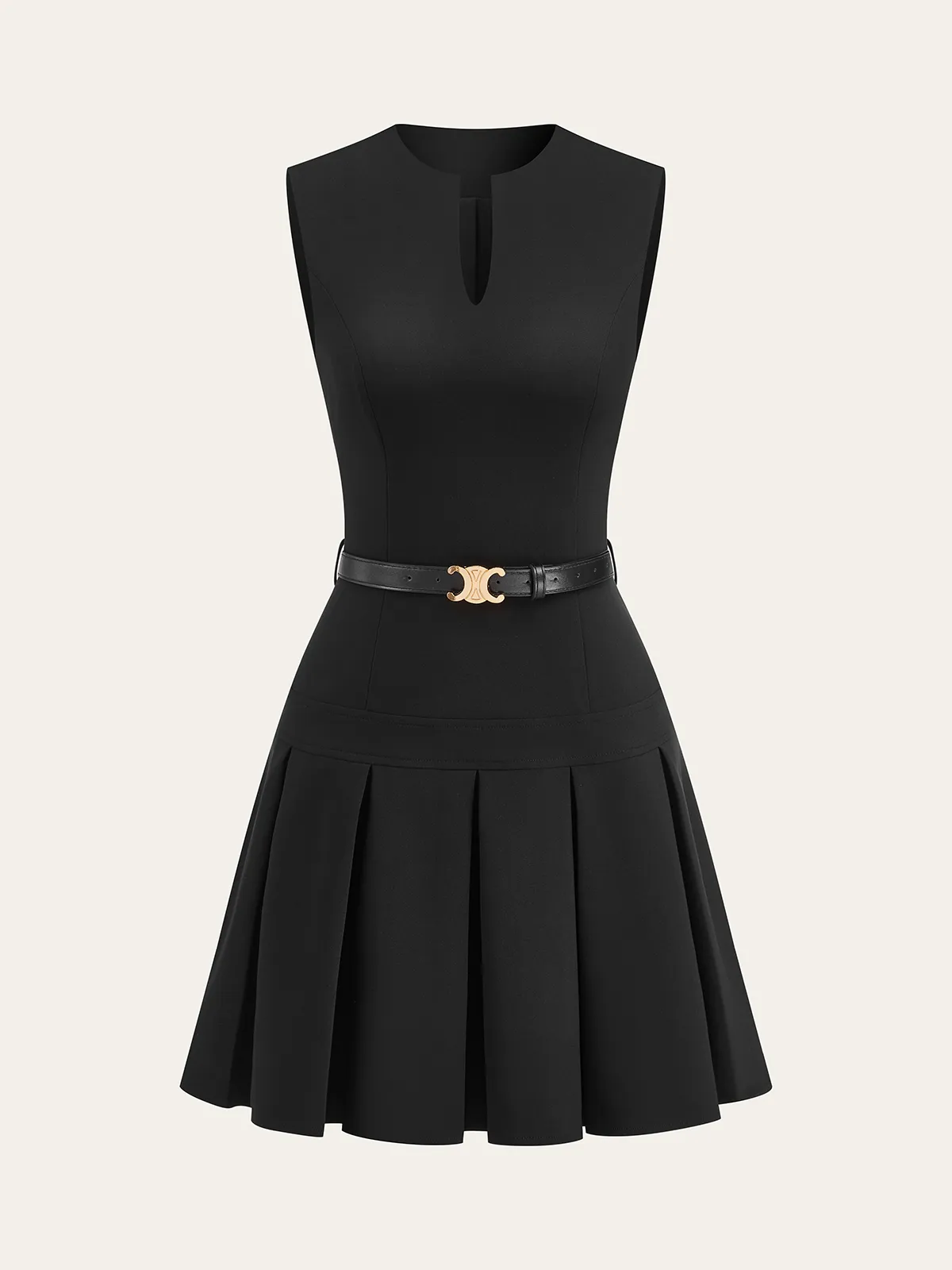Keyhole Neckline Pleated Mini Dress with Belt sold by COMMENSE