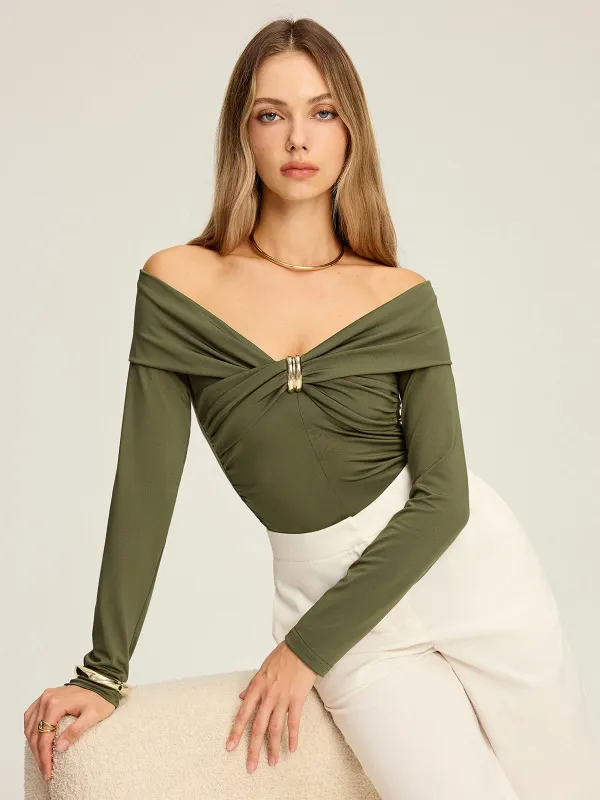 Metal Detail Off-Shoulder Long Sleeve Blouse sold by COMMENSE