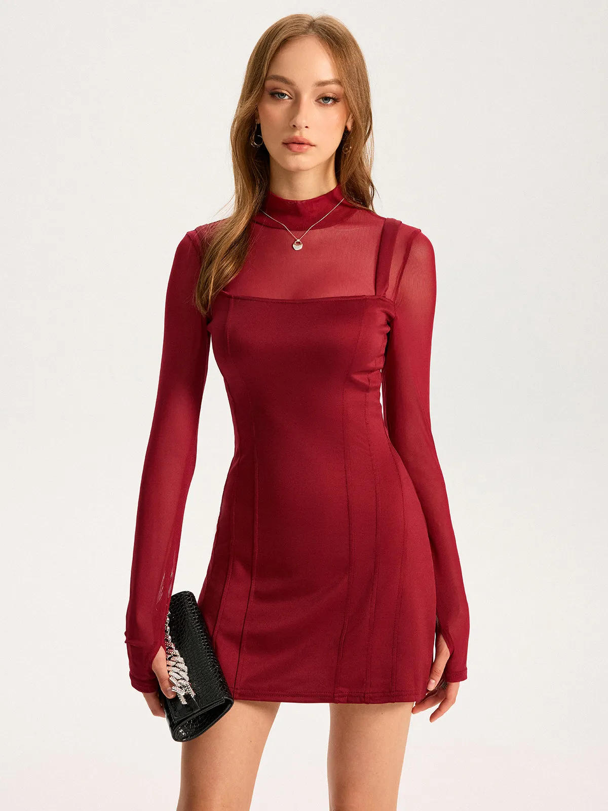 Sheer Mesh Panel Mock Neck Mini Dress sold by COMMENSE product image thumbnail 5