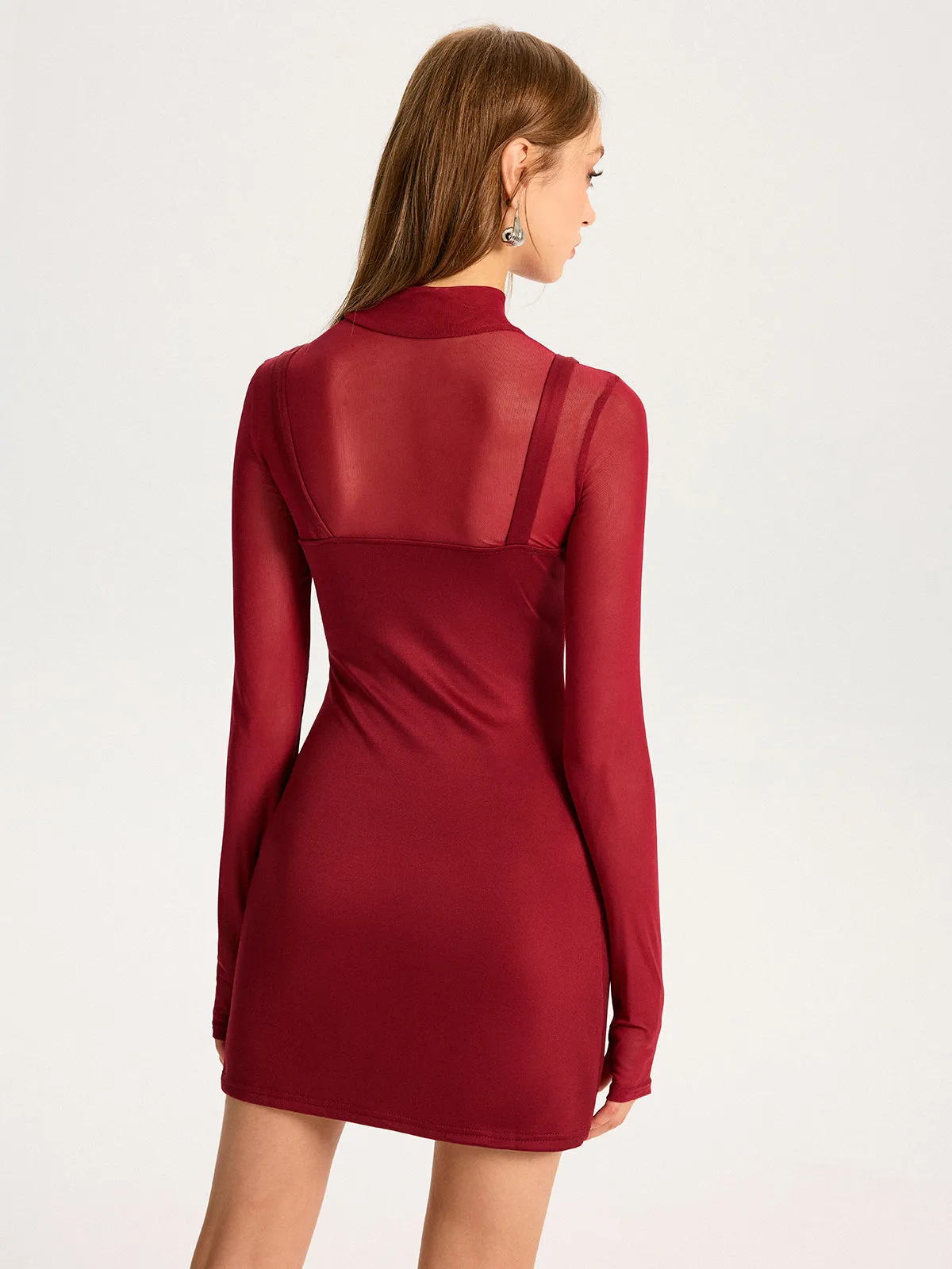 Sheer Mesh Panel Mock Neck Mini Dress sold by COMMENSE product image thumbnail 3