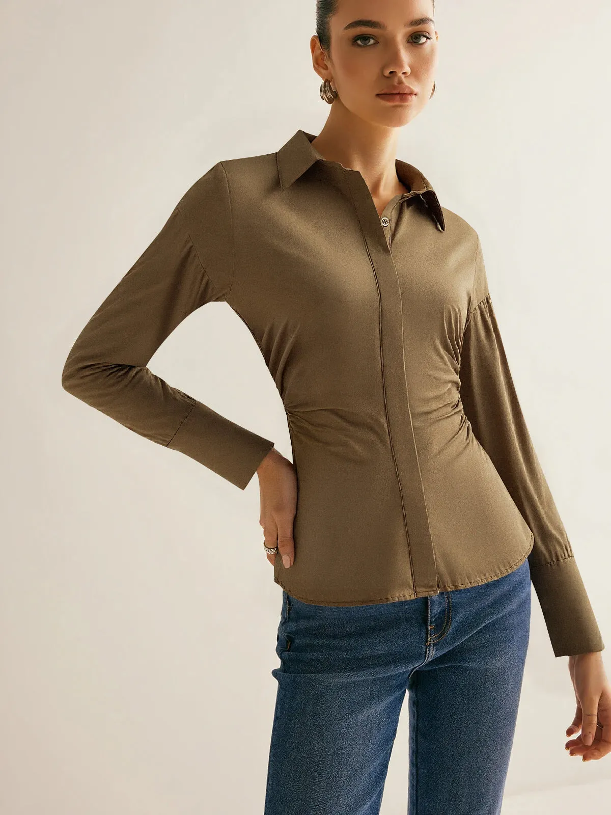 Cotton Blend Ruched Long Sleeve Shirt sold by COMMENSE