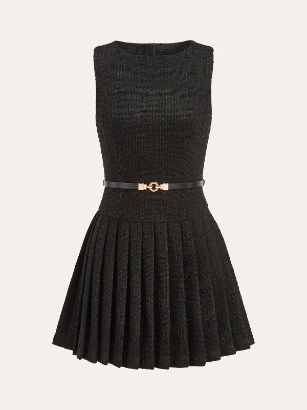 Tweed Sleeveless Pleated Mini Dress with Belt sold by COMMENSE